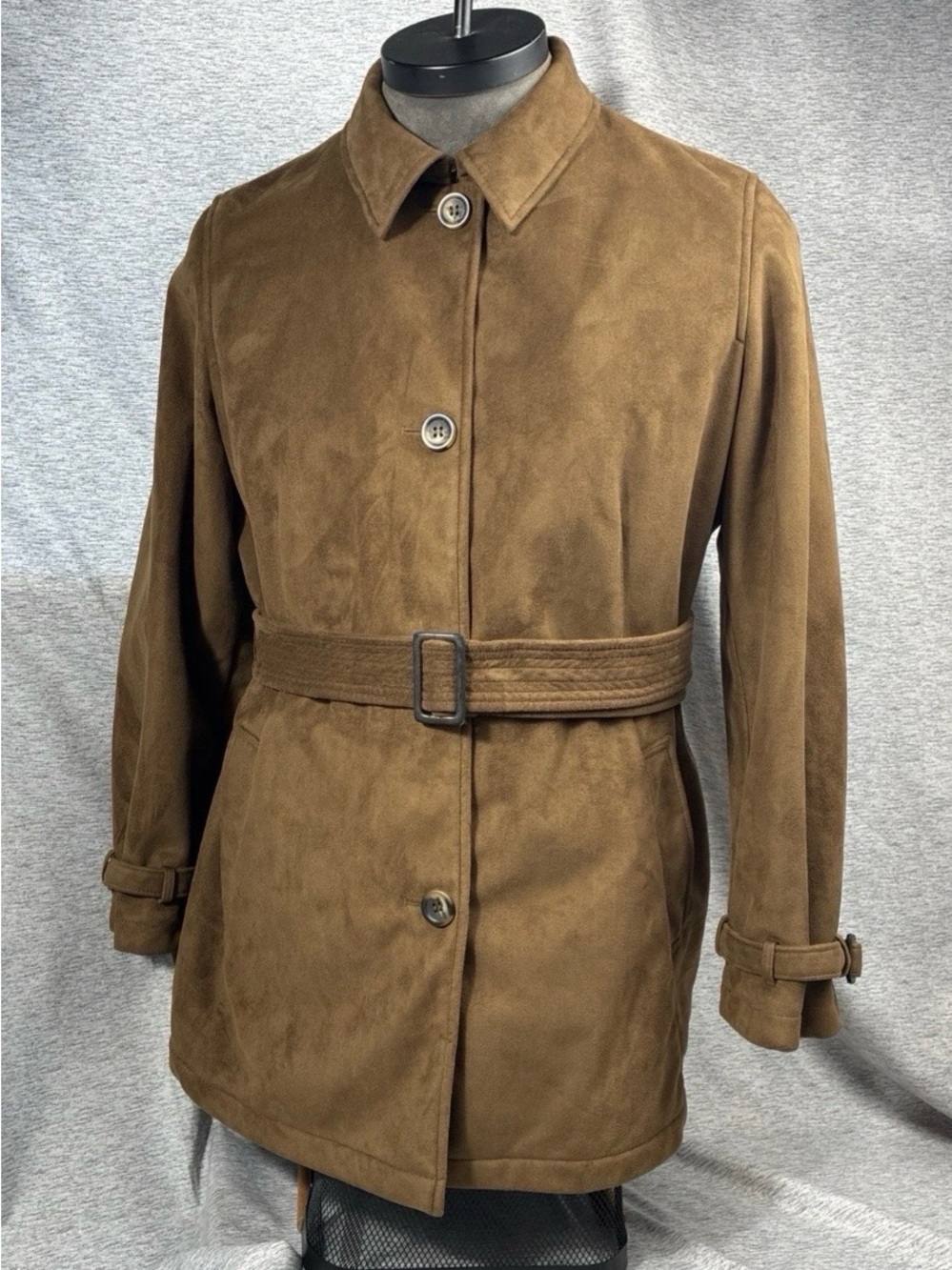 Jones NY Brown Trench Women XL Rich Earthy Brown Vegan Faux Suede Strong Femme - Picture 3 of 15